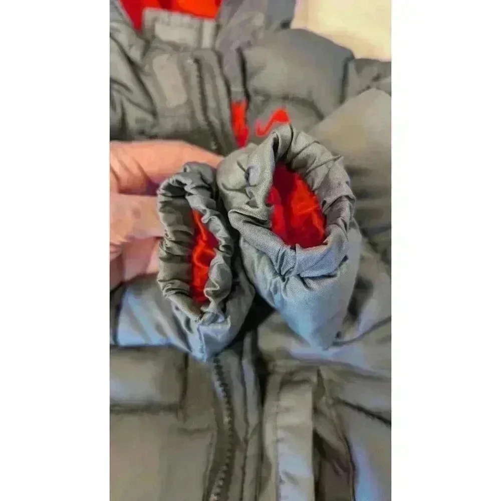 Vertical '9 Boys Lined Puffer Jacket Siz 18 Months Gray Red Hooded Pockets EUC